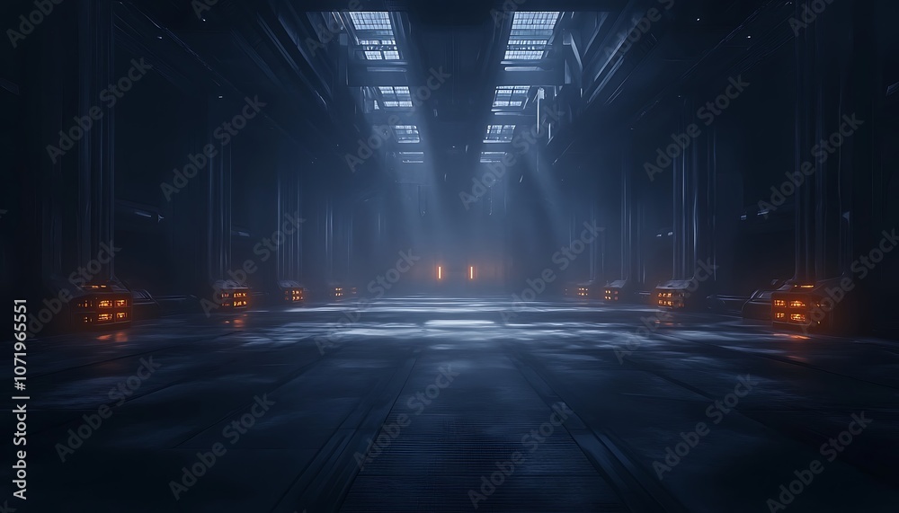 Poster A dark, atmospheric space with rays of light and glowing elements, creating a mysterious and futuristic environment.