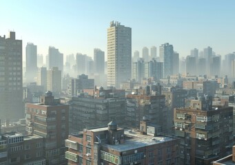 Obraz premium Cityscape Panorama in Dense Fog