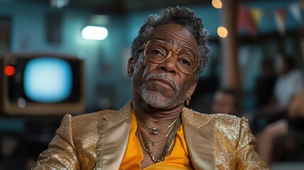 Obraz premium An elderly man wearing a gold attire sits pensively in a decorated setting, reflecting wisdom and elegance, surrounded by elements of retro, nostalgic charm.