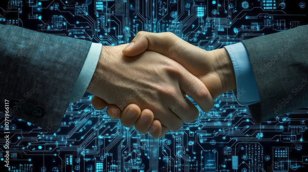 Aufkleber Two people shaking hands in front of a computer screen with a lot of wires
