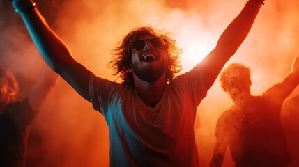 An exhilarating scene showcasing the energetic silhouette of a cheering crowd under dynamic lighting at a live concert, capturing the excitement and energy of the moment flawlessly.
