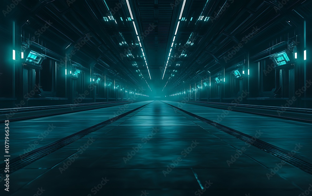 Poster a dimly lit, futuristic corridor with a sleek, reflective floor, illuminated by cool blue lights, cr