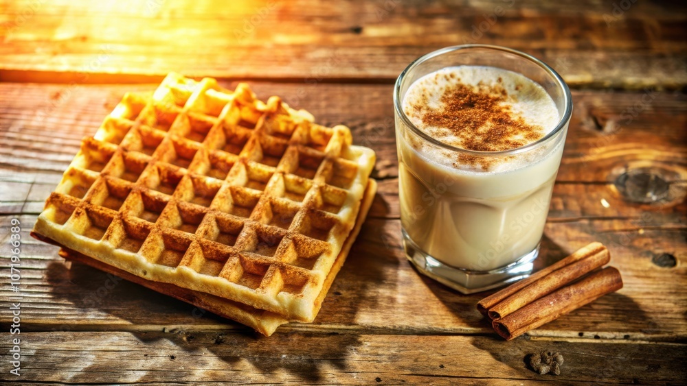 Poster a warm and inviting breakfast scene featuring a crispy waffle sprinkled with cinnamon alongside a st