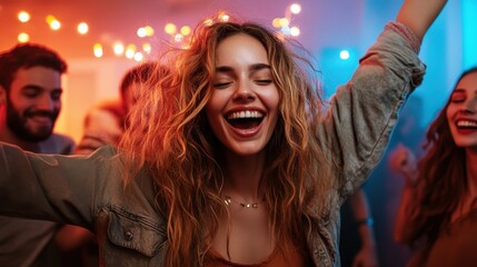 An ecstatic woman with flowing hair laughs cheerfully at a lively party, her joyous expression mirrored by friends celebrating under colorful string lights.