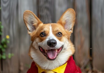 A happy corgi dog wearing a red suit and yellow tie