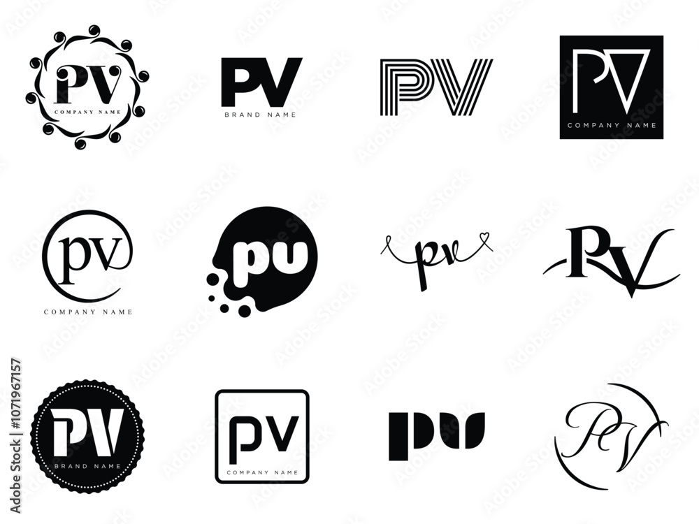 Fototapete PV logo company template. Letter p and v logotype. Set different classic serif lettering and modern bold text with design elements. Initial font typography.