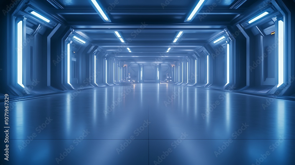 Leinwandbilder a futuristic corridor illuminated by blue lights, featuring sleek architecture and a polished floor,