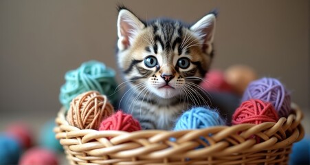 Adorable kitten surrounded by yarn balls