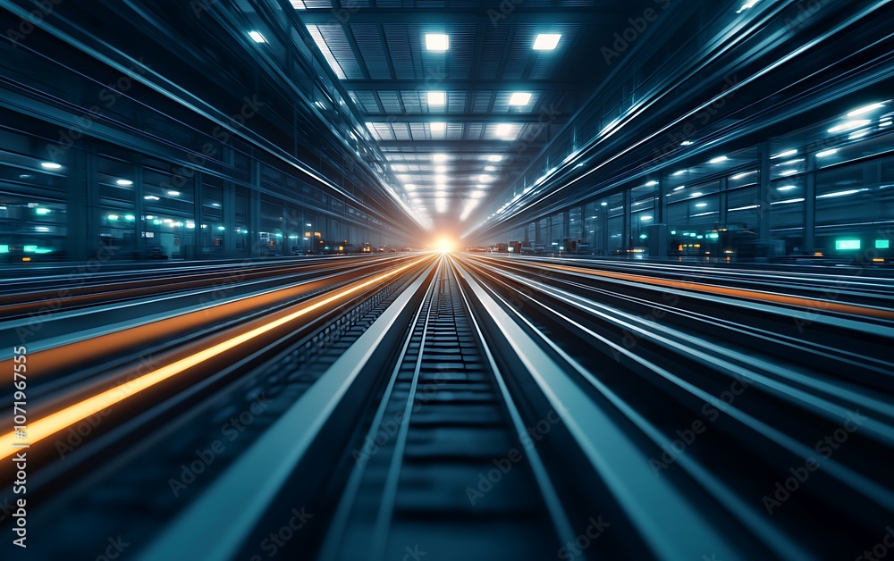 Poster A dynamic view of railway tracks leading into a bright tunnel, showcasing motion and depth in a modern transportation environment.
