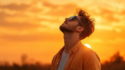 Fototapeta premium A contemplative man wearing sunglasses gazes upwards towards the sky during a serene, warm sunset, evoking feelings of introspection and hope.