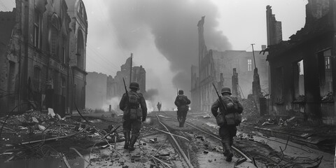 American soldiers advance through the ruins of Aachen, Germany, during World War II