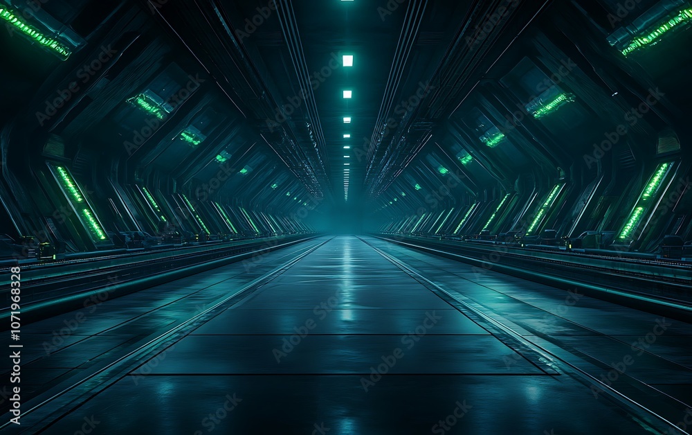 Poster a futuristic corridor illuminated by green lights, featuring a sleek, technological design and a ref