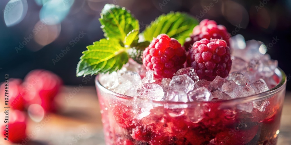 Poster a refreshing summer drink with juicy raspberries and a sprig of mint, resting on a bed of ice in a c