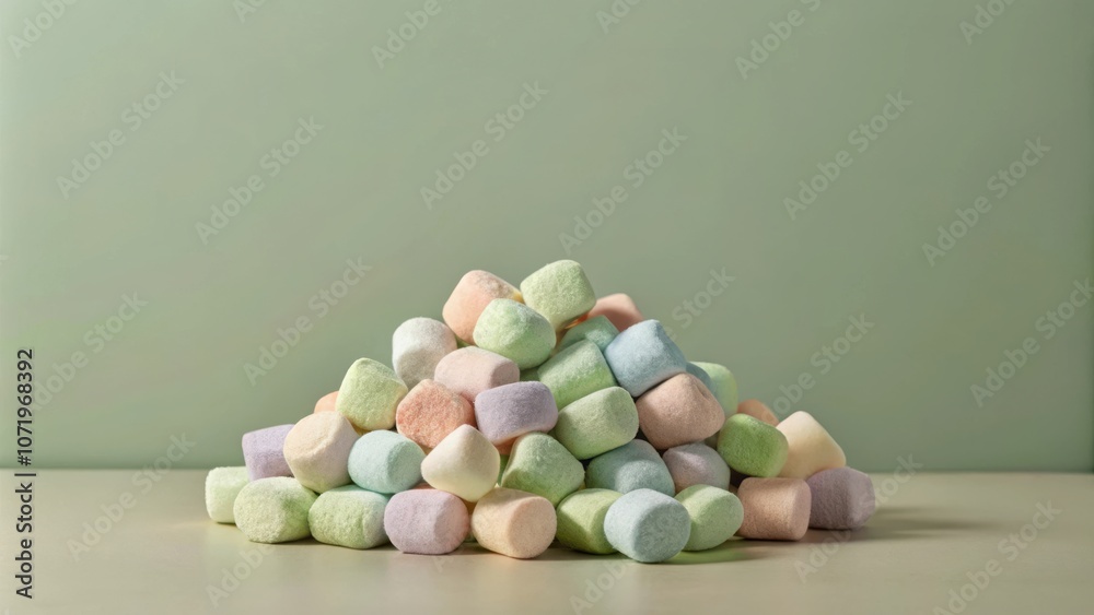 Poster a cluster of pastel-colored marshmallows stacked in a pile, showcasing the soft texture and vibrant 