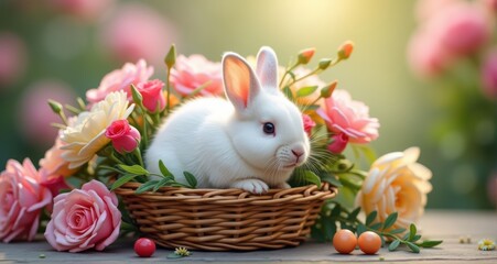 Adorable white rabbit in a floral basket