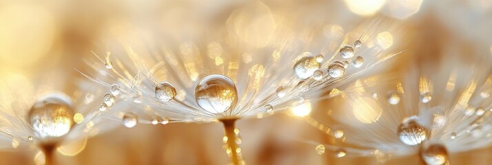 Fototapeta premium Close-Up of Dew Drops on Delicate Dandelion Seeds, Showcasing Nature’s Beauty in Macro Photography with Soft Golden Light and Details