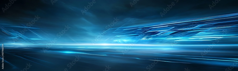 Poster futuristic digital landscape with vibrant blue lights and abstract patterns, conveying a sense of sp