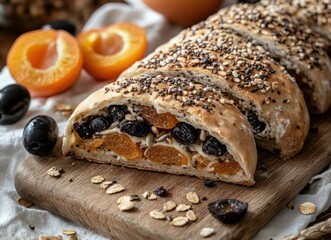 Close-up of a delicious bread roll filled with dried apricots, raisins and seeds, on a wooden board.