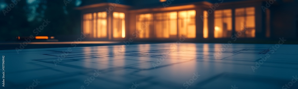 Aufkleber a serene evening scene featuring illuminated windows of a house, with raindrops on the surface refle