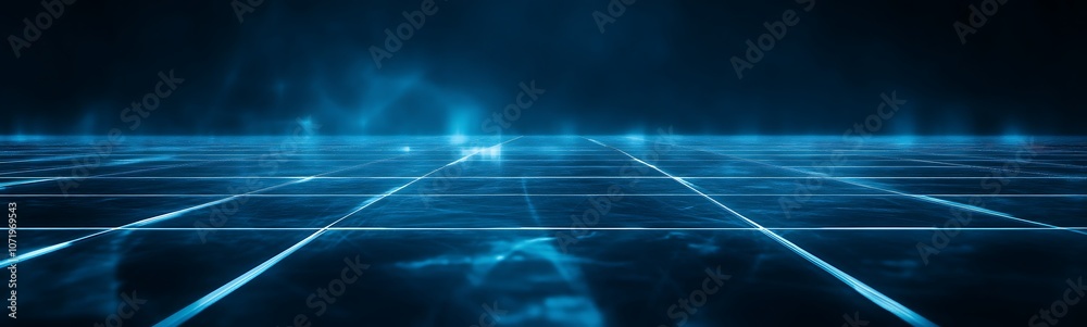 Poster a futuristic digital landscape with glowing blue lines and a grid pattern, suggesting technology and