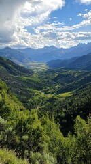 Fototapeta premium Expansive Sunlit Mountains with Green Valleys Under a Bright Sky, Showcasing Nature's Fresh Serenity in a Scenic Landscape