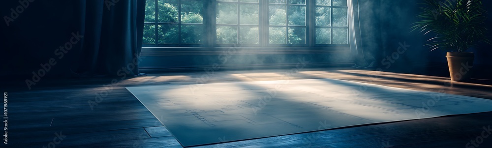 Poster a serene, dimly lit room with sunlight streaming through a window, creating a tranquil atmosphere hi