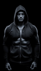 Obraz premium Intense Gaze of Hooded Man in Black and White Portrait Against Dark Backdrop with Shadows Enhancing the Mysterious Atmosphere