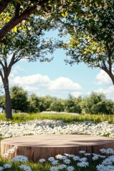 Fototapeta premium A wooden platform stands in the center of an open meadow, surrounded by white daisies blossoms under trees.