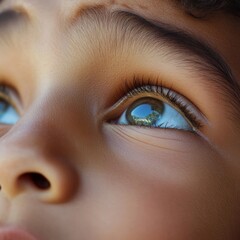 Naklejka premium Child's eyes gaze up, contemplating.