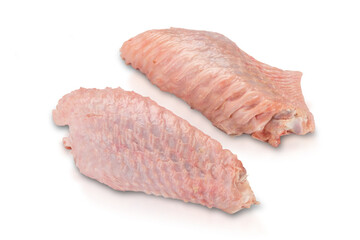 Raw Chicken wings isolated on white background. Two fresh chicken wings for cooking. Close-up. Top view.