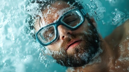 Fototapeta premium A peaceful man with goggles and closed eyes is submerged underwater surrounded by foamy bubbles, conveying a sense of calm and dreamlike solitude in a soothing environment.