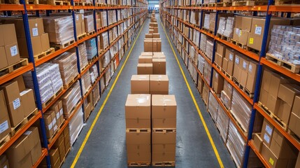 A well-organized warehouse filled with stacked cardboard boxes on shelves, creating clear aisles for efficient movement and storage.