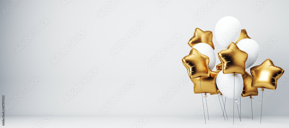 Poster gold and white balloons on a blank background. 3d rendering