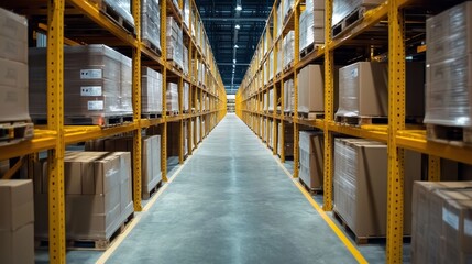 Fototapeta premium A spacious warehouse filled with neatly stacked cardboard boxes on metal shelves, illuminated by overhead lights, showcasing a clear aisle for movement.