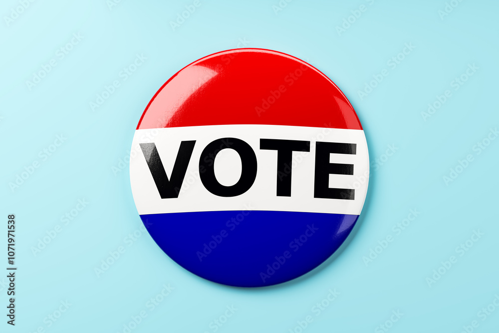Poster vote button with red, white, and blue colors on a light blue background. 3d rendering