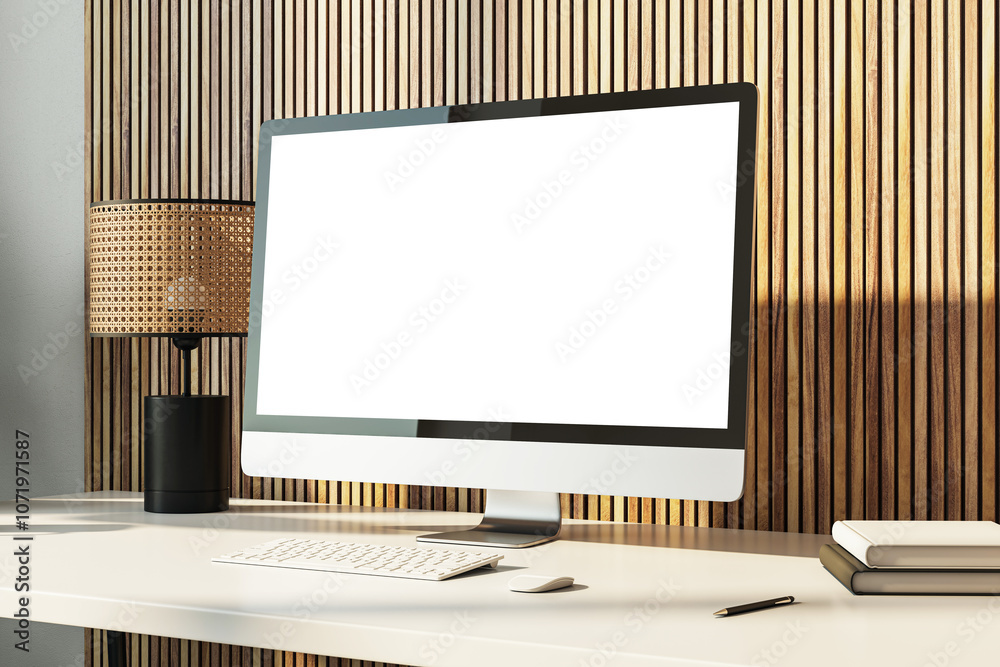 Poster Modern desktop setup with blank screen and wooden wall background in minimal office environment, close-up view. 3D Rendering