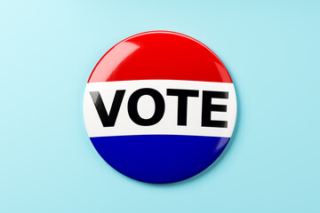 Vote button with red, white, and blue colors on a light blue background. 3D Rendering
