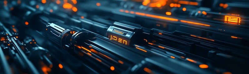 Naklejka premium A futuristic digital landscape featuring intricate patterns of glowing lines and structures, evoking a sense of technological advancement and interconnectedness.