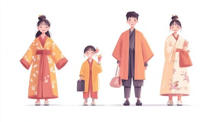 Obraz premium A family wearing traditional kimonos in vibrant colors and designs, showcasing heritage.