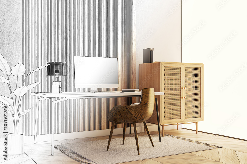 Poster modern workspace with mixed sketch and real design featuring a wooden chair, desk, desktop computer,