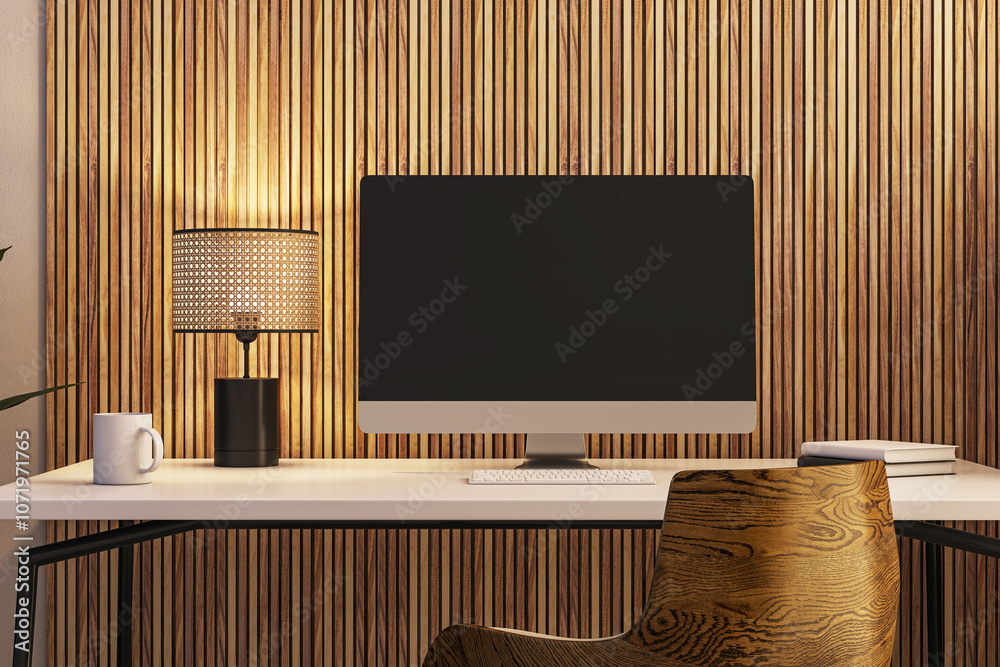 Poster modern desk setup with a computer screen, lamp, and books in a wooden interior office room. 3d rende
