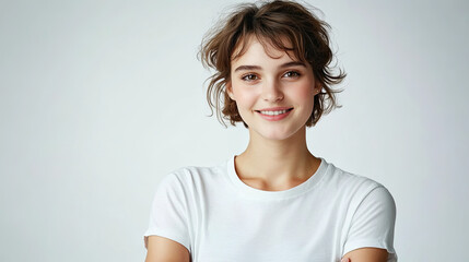 Fototapeta premium A short haired female student wearing a white T-shirt with a white background