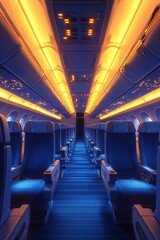 Fototapeta premium An airplane cabin with blue seats and yellow lights. 