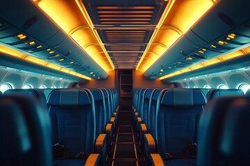 An airplane cabin with blue seats and yellow lights. 