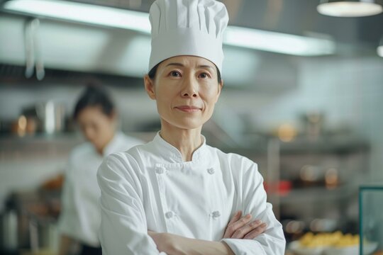 Portrait of a confident female Asian chef standing in a commercial kitchen