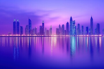 Fototapeta premium As daylight fades into twilight, a breathtaking skyline emerges, showcasing an array of tall buildings illuminated in vibrant hues. 