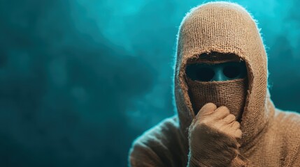 A mysterious figure dons a burlap cloak and mask, concealing their identity while their piercing blue eyes stand out against a mysterious background, evoking curiosity.