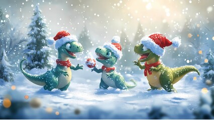 Cute cartoon dinosaurs wearing Santa hats and scarves play in a snowy winter scene, tossing a festive ornament. Perfect for holiday, Christmas, and seasonal themes.