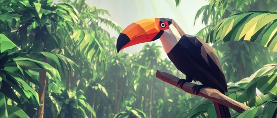 Naklejka premium Vibrant Polygonal Toucan Perched on a Branch in a Lush Tropical Forest Surrounded by Dense Greenery and Sunlight Filtering Through the Leaves