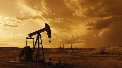 Naklejka premium silhouette of oil pump jack against dramatic sunset sky, showcasing industrial landscape of oil extraction. scene evokes sense of vastness and energy